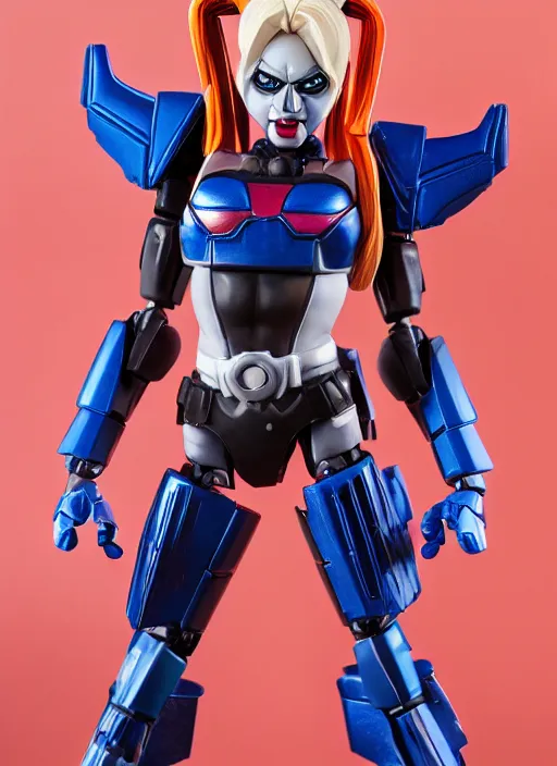 Image similar to Transformers Decepticon Harley Quinn action figure from Transformers: Robots in Disguise (2015), symmetrical details, by Hasbro, Takaratomy, tfwiki.net photography, product photography, official media