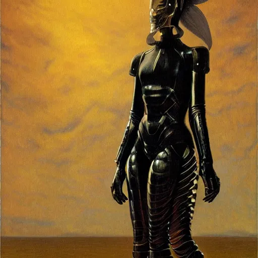 Image similar to full body portrait of beautiful gothic and futuristic fashion model, tight space armour, cyber armour, highly detailed, artstation, illustration, composition, 8 k quality, art by jean delville, rene magritte, hyperrealism oil painting