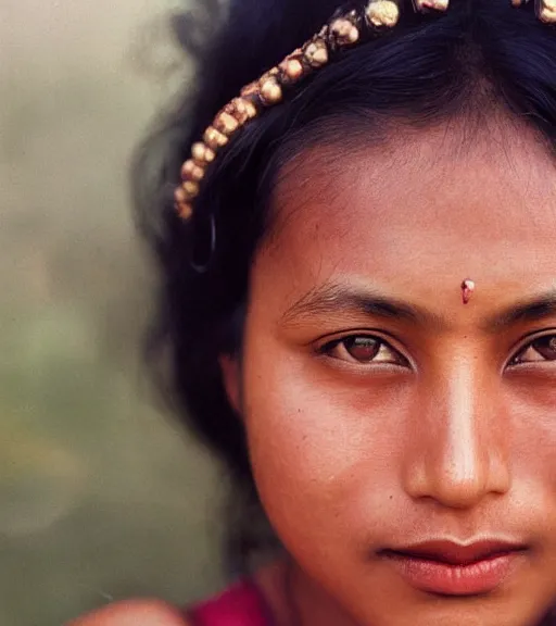 Image similar to vintage_closeup portrait_photo_of_a_stunningly beautiful_nepalese_woman with amazing shiny eyes, hyper detailed by Annie Leibovitz