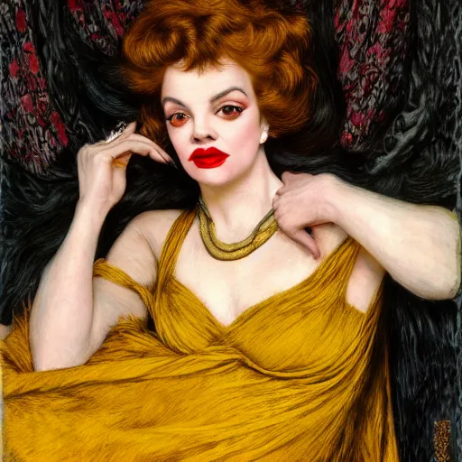 Image similar to portrait of a hybrid of judy garland and lady gaga, brown fringe, large full hollywood lips, large downslanted eyes, reclining cool stylish, yellow ochre ornate medieval dress, john william waterhouse, kilian eng, rosetti, john everett millais, william holman hunt, william morris, 4 k