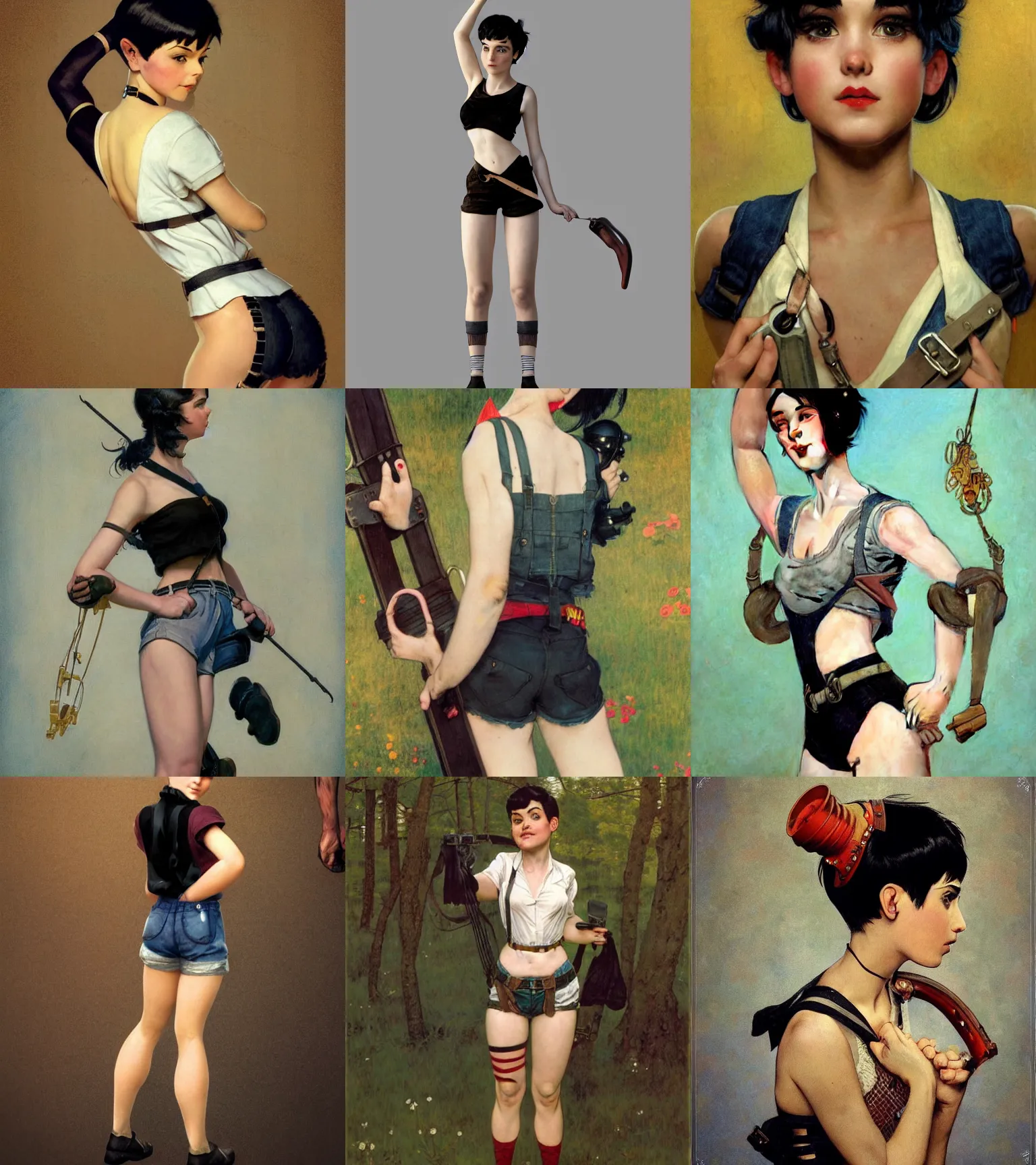 Prompt: a girl with black hair pixie cut in shorts with suspenders drawn by ruan jua, norman rockwell, frank frazetta, peter paul rubens, alphonse mucha, gustav klimt 4k, unreal 5, DAZ, trending on artstation, octane render, hyperrealistic