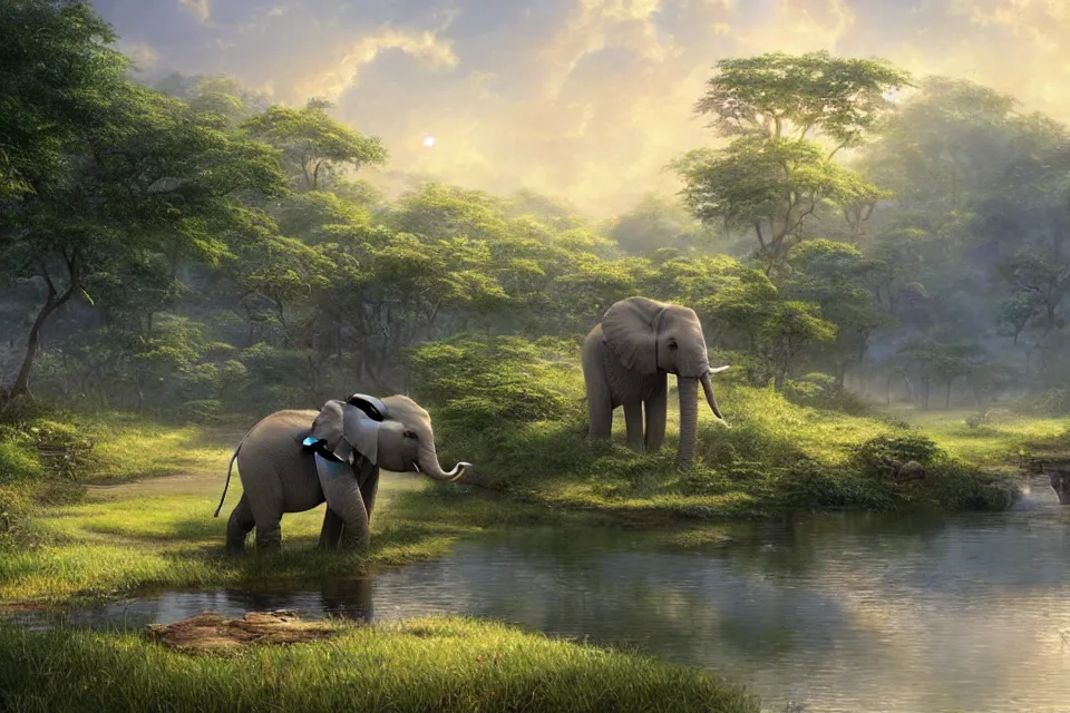 Prompt: rendering of a scene with a baby elephant near a pond by makoto shinkai and thomas kinkade, fantasy matte painting, trending on cgsociety and unreal engine, light effect, highly detailed, super wide angle