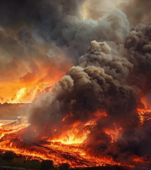 Image similar to Powerful giant destroying city, everything in fire, realistic photo, high detailed