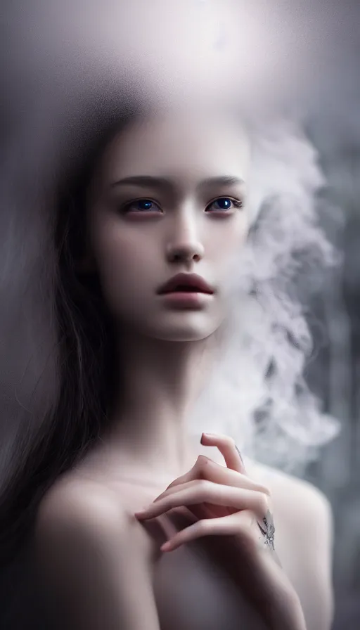 Image similar to photo of eternal peace, a gorgeous young girl , searching for eternity, dark forest in the style of stefan kostic, realistic, sharp focus, 8k high definition, high fashion, vogue, insanely detailed, soft light, colorful smoke, intricate, elegant, art by stanley lau and artgerm, sigma 85mm art