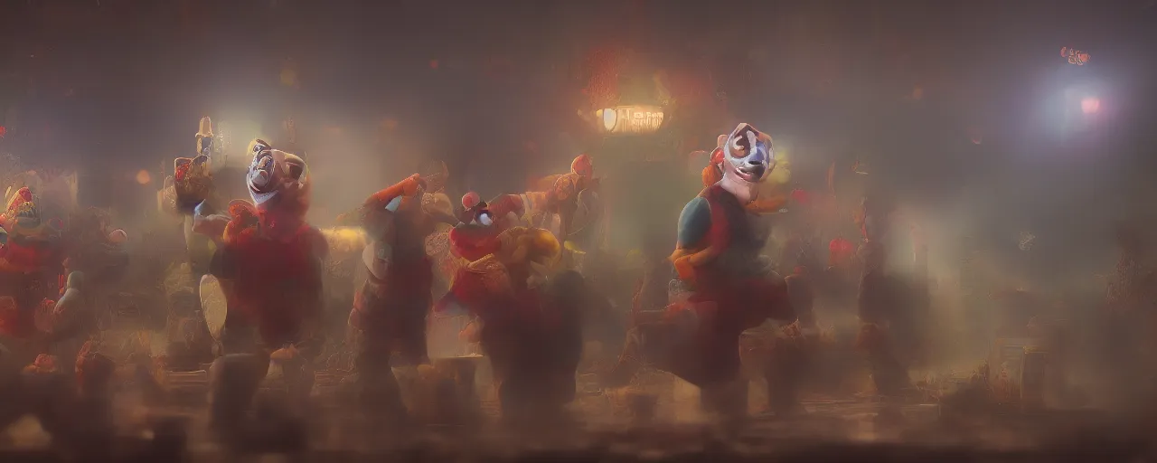 Image similar to clown gang drinking, wide angle, extreme detail, matte painting, concept art, cgsociety, octane render, trending on artstation, artstationHD, artstationHQ, unreal engine, 4k, 8k