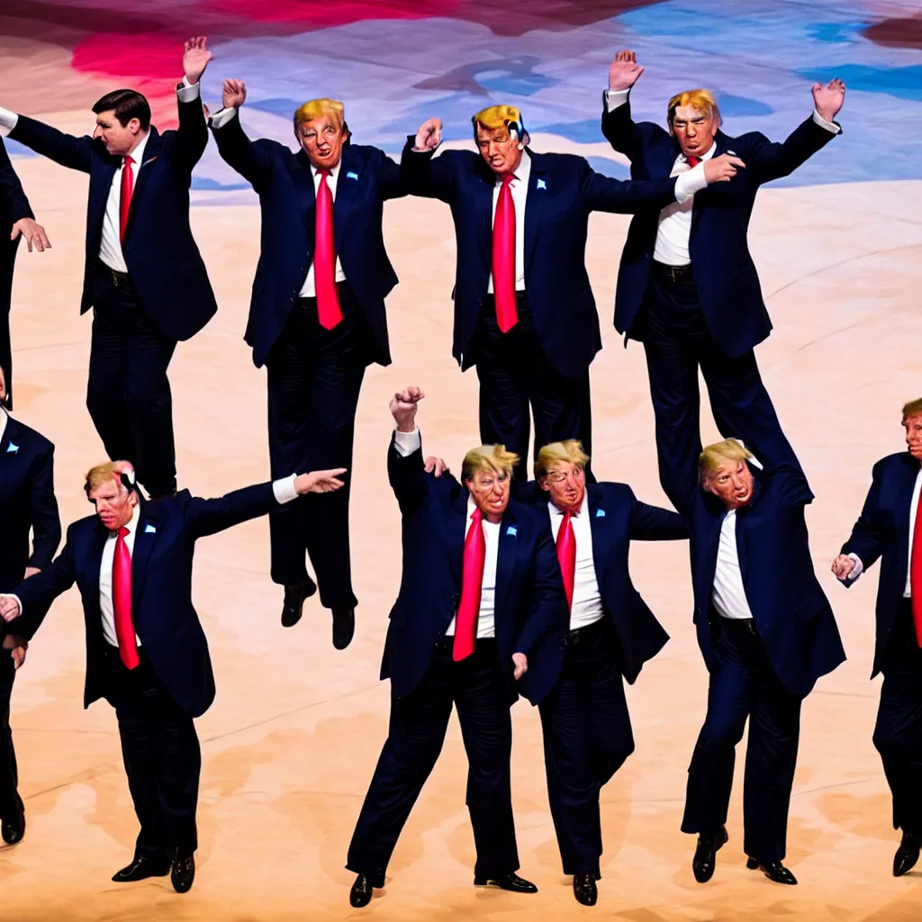 Image similar to “ photo of a vladimir putin, donald trump and ron desantis dancing a congo line on stage at cpac 2 0 2 2, award winning photo, golden hour, 2 0 mm lens ”