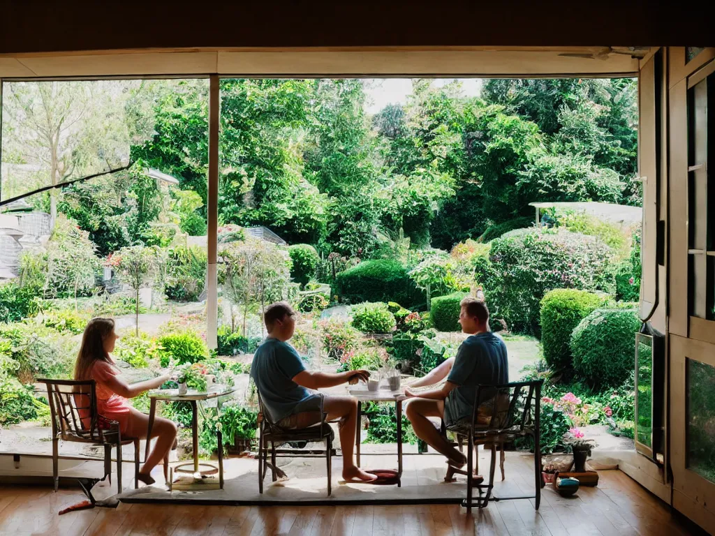 Image similar to couple sitting in garden room, wide angle, lens distortion, high contrast, cinecolor, soft lighting, multiple table fans placing around them, day light, happy mood