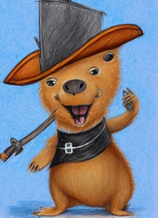 Prompt: detailed colored pencil drawing of a cute anthropomorphic capybara as a pirate