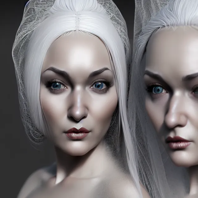 Prompt: a woman with white hair and a veil on her head, an ultrafine detailed painting, zbrush central contest winner, fantasy art, daz 3 d, zbrush, behance hd