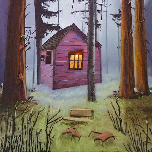Prompt: a painting of a eerie cabin in the middle of the woods in the style of banksy