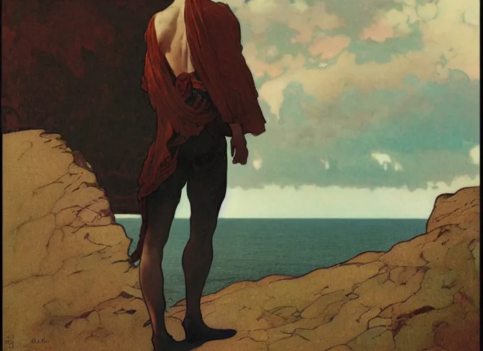 Image similar to dark silhuette of a man standing on a gray dull cliff looking out into a colorful cosmos, art by john collier and albert aublet and krenz cushart and artem demura and alphonse mucha