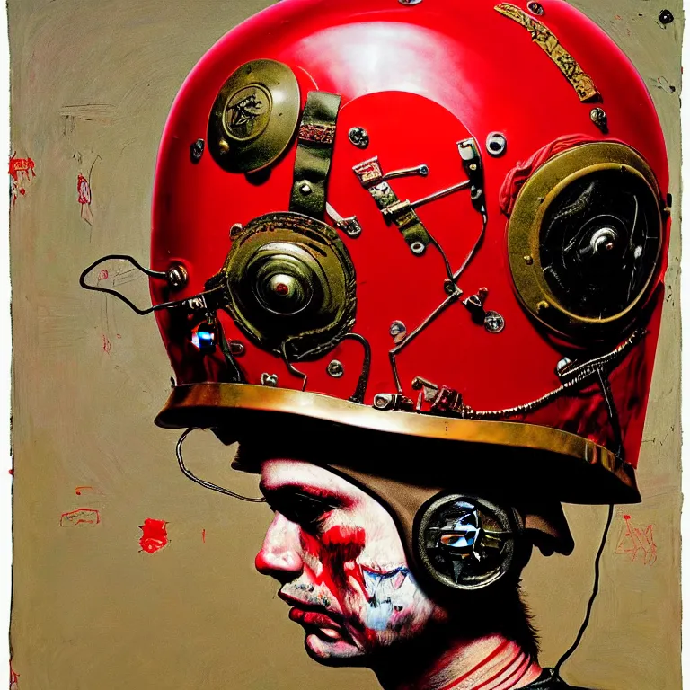 Image similar to portrait of a third reich soldier in ornate motorcycle dirt helmet in a helmet background red plastic bag, circuitboard,, rich deep colors, ultra detail, by francis bacon, james ginn, petra courtright, jenny saville, gerhard richter, zdzisaw beksinsk, takato yamamoto. masterpiece, elegant fashion studio ighting 3 5 mm