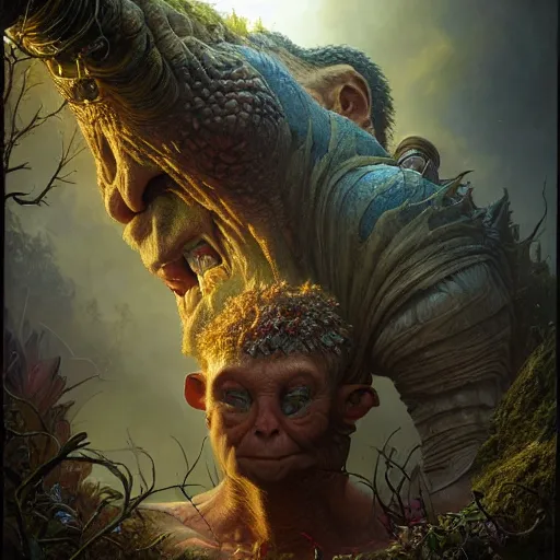 Image similar to a hyperrealistic illustration of a mix of an oger and giant and goblin, 8 k ultra realistic creature, detailed intricate, with fractal sunlight, award - winning, masterpiece, in the style of tom bagshaw, cedric peyravernay, peter mohrbacher