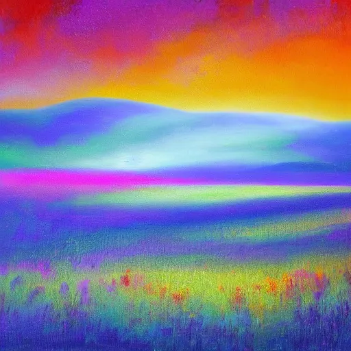 Image similar to dreamy landscape painting of the fields of the void, color abberation effect, vingetting