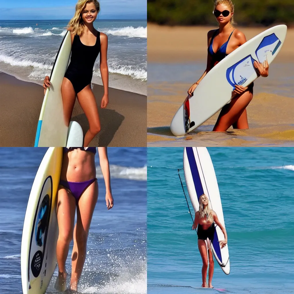Prompt: Samara Weaving surfing 🏄::5 ocean 🌊:: symmetrical face:: full symmetrical body::