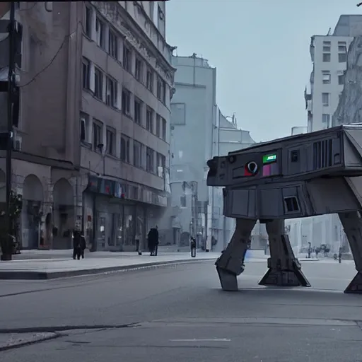 Image similar to an at-at from star wars walking through the streets of berlin, sci-fi movie scene, ultra detailed, 4k