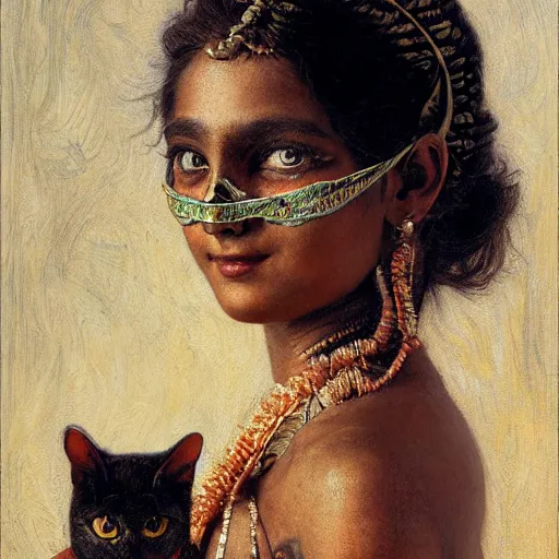 Prompt: detailed potrait 8 0 s srilankan girl with tatoos and cat woman mask in baroque painting, girl graceful,, painting by gaston bussiere, craig mullins, j. c. leyendecker, lights, art by ernst haeckel, john william godward, hammershøi,,