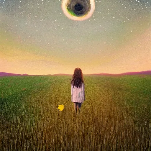 Image similar to giant daisy flower as a head, girl walking in wheat field, hills, surreal photography, moon light, dark night, star trails, dramatic light, impressionist painting, clouds, digital painting, artstation, simon stalenhag