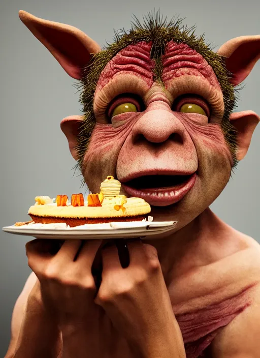 Image similar to closeup portrait of a medieval goblin eating cakes, depth of field, zeiss lens, detailed, symmetrical, centered, fashion photoshoot, by Annie Leibovitz and Steve McCurry, David Lazar, Jimmy Nelsson, Breathtaking, 8k resolution, extremely detailed, beautiful, establishing shot, artistic, hyperrealistic, beautiful face, octane render