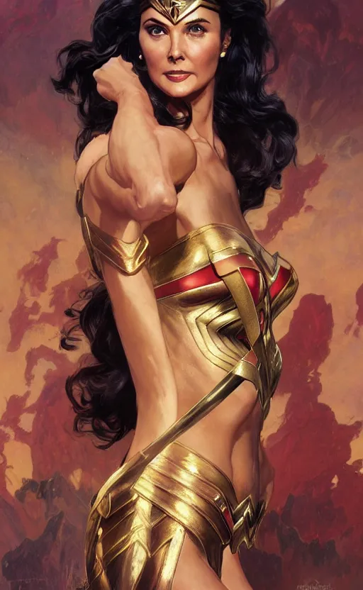 Image similar to portrait of Lynda Carter as wonder woman , tv show by Stanley Artgerm Lau , greg rutkowski, thomas kindkade, alphonse mucha, loish, norman rockwell. Trending on artstation rule of thirds detailed illustration hd 4k