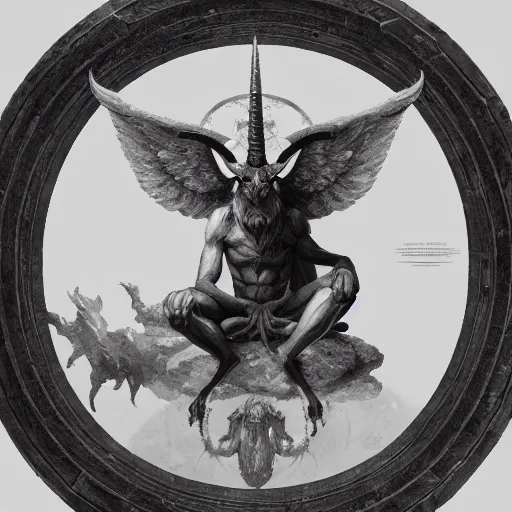 Image similar to Baphomet sitting in front of a portal to the infinite . Highly detailed painting Greg rutkowski. Good clear quality, high detail, octagon render 8k