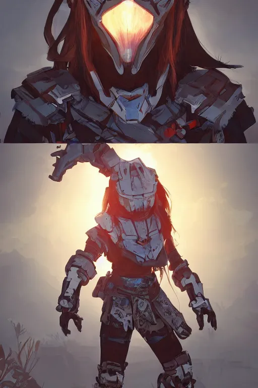 Image similar to combination suit armor aloy horizon forbidden west horizon zero dawn robot ninja mask helmet backpack tribal, art gta 5 comics, official fanart behance hd artstation by jesper ejsing, by rhads, makoto shinkai and lois van baarle, ilya kuvshinov, ossdraws radiating a glowing aura cgi rtx 2 0 2 2