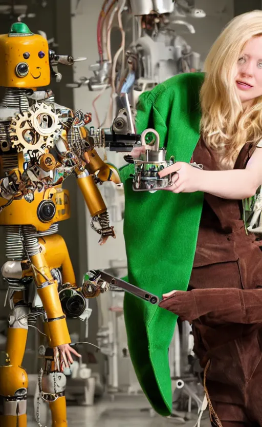 Prompt: young, blonde mad scientist woman wearing a green vest and brown corduroy pants, tinkering with a clockwork robot, steampunk