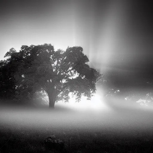 Prompt: Ambient black and white dark landscape with a lot of fog and light rays through the skies, Tones of purple and royal blue in Background, Cinematic