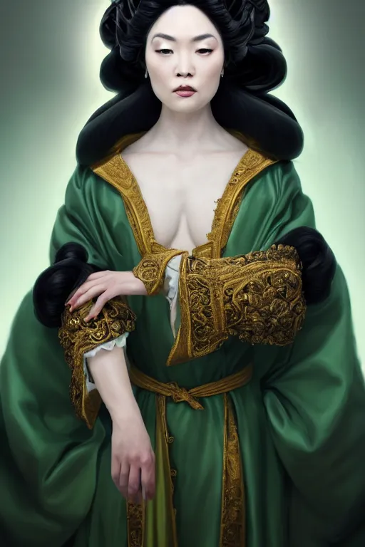 Prompt: a beautiful empress portrait, with a brilliant, impossible striking big hairstyle black hair, clothes white robes, everything hair, symmetrical, dramatic studio lighting, rococo, baroque, greens, asian, hyperrealism, closeup, D&D, fantasy, intricate, elegant, highly detailed, digital painting, artstation, octane render, 8k, concept art, matte, sharp focus, illustration, art by Artgerm and Greg Rutkowski and Alphonse Mucha