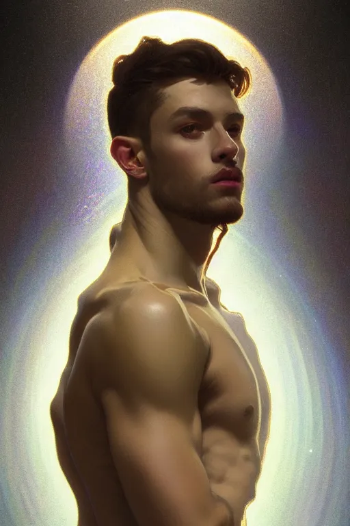 Prompt: portrait of a beautiful young fit man made of glass, shiny reflective surfaces, luminous scene, by greg rutkowski and alphonse mucha, d & d character, gradient white to silver, in front of an iridescent background, highly detailed portrait, digital painting, artstation, concept art, smooth, sharp focus ilustration, artstation hq