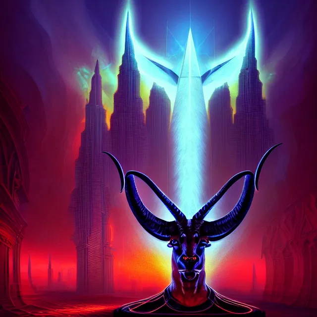 Prompt: Beautiful portrait 3d render of the illuminati Baphomet, face portrait, atmospheric lighting, painted, intricate, volumetric lighting, beautiful, rich deep colors masterpiece, sharp focus, ultra detailed, in the style of Dan Mumford and marc simonetti, with a clear crowded futuristic cyberpunk dubai city in the background, astrophotography