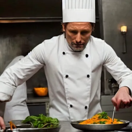 Prompt: Mads Mikkelson as a cook