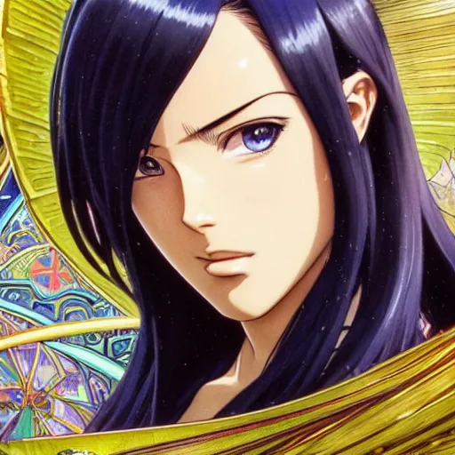 Image similar to highly detailed vfx portrait of nico robin by eiichiro oda!, makoto shinkai, alphonse mucha, sharp focus, art by artgerm and greg rutkowski!, harsh overhead sunlight, blue eyes!!, large aquiline nose!!, perfect face, stanley kubrick, kaoru mori, intricately detailed, behance, 4 k, hdr