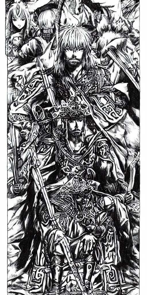 Image similar to a king on a throne drawn by Makoto Yukimura in the style of Vinland saga