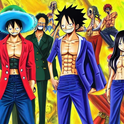 Prompt: the cast of one piece in cybernetic suits, oil painting,