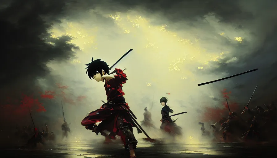 Prompt: baroque oil painting of key visual samurai war, rain, storm, fake detail, trending pixiv fanbox, acrylic palette knife, style of makoto shinkai takashi takeuchi yoshiyuki sadamoto greg rutkowski chiho aoshima, artstation