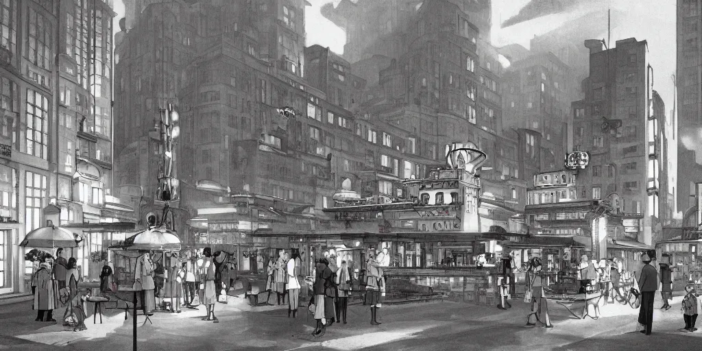 Prompt: A radiant atomic generator building lights up a city square, dieselpunk, by Studio Ghibli and Edward Hopper