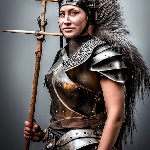 Prompt: full shot photo of a female warrior with spiky armour holding medieval flail