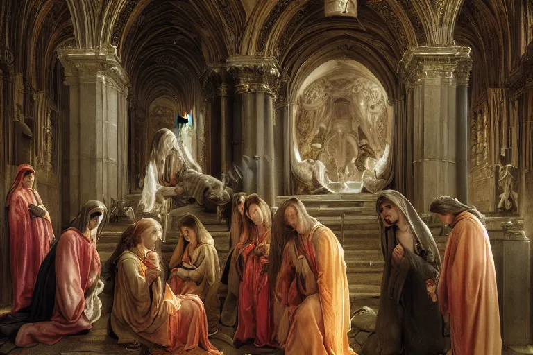 Image similar to inside the sepulchre, dark scene, light coming in from the left, steps leading down, 3 marys crouching in colored robes at the tomb | medium close | fibonacci composition, by artgerm, sophie anderson, rubens