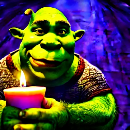 Image similar to shrek holding a candle ultra realistic, lens flare, atmosphere, glow, detailed, intricate, full of colour, cinematic lighting, trending on artstation, 4 k, hyperrealistic, focused, extreme details, unreal engine 5, cinematic, masterpiece, ultra realistic, hyper realistic, highly detailed, sharp focus, digital art