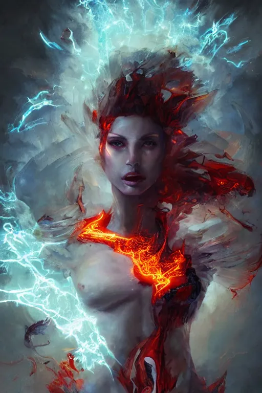 Prompt: torso closeup model wearing exploding fire electricity and blood, sorcerer, diamonds, angel, fantasy, dramatic lighting, highly detailed, digital painting, holding electricity, magic the gathering, hyper detailed, 3 d render, hyper realistic detailed portrait, peter mohrbacher, wlop, ruan jia