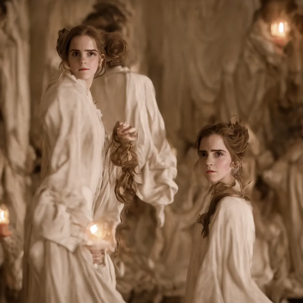 Prompt: closeup center composition Emma Watson long hair flowing robes baroque room cinematic lighting stanley kubrick barry lyndon 4k canon 5d mk4, sigma art lens