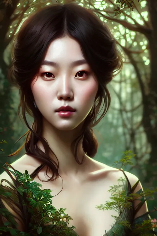 Prompt: beautiful digital painting of a hoyeon jung as a stylish female forest with high detail, 8 k, stunning detail, works by artgerm, greg rutkowski and alphonse mucha, unreal engine 5, 4 k uhd