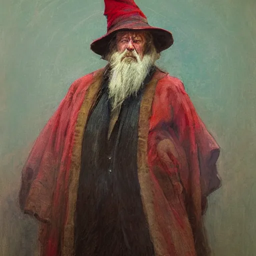 Image similar to Solomon Joseph Solomon and Richard Schmid and Jeremy Lipking victorian genre painting portrait painting of a old rugged actor wizard wearing a wizard hat and robe from the hobbit , red background