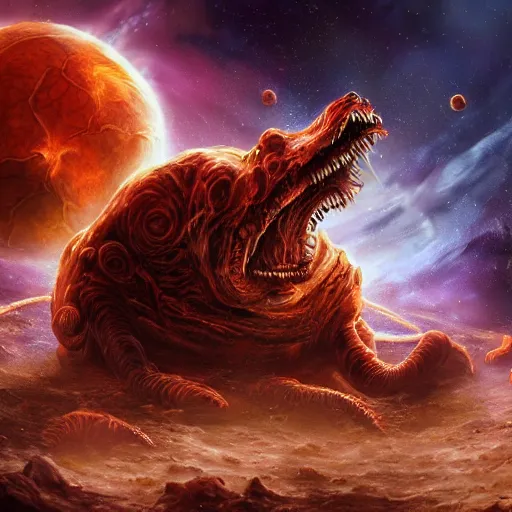 Image similar to one eldritch horror bloody garfield in space, galaxy, hd, 8 k, giant, epic, realistic photo, unreal engine, stars, prophecy, powerful, cinematic lighting, destroyed planet, debris, violent, sinister, ray tracing, dynamic, print, epic composition, dark, horrific, teeth, grotesque, scary, monochrome drawing