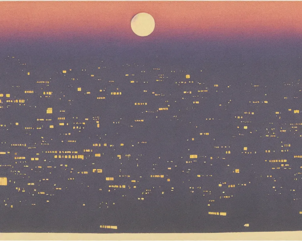 Prompt: achingly beautiful print of the Los Angeles skyline bathed in moonlight by Hasui Kawase and Lyonel Feininger.