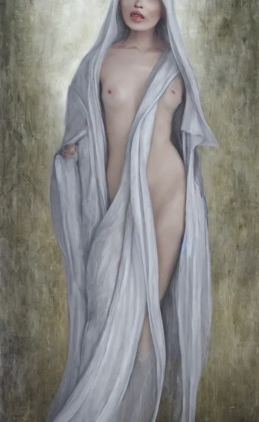 Prompt: single thin angel with silver hair so pale and wan!, thin!, flowing robes, covered in robes, lone pale wan feminine goddess, wearing silver robes, flowing hair, pale skin, young cute face, covered!!, clothed!! oil on canvas, style of lucien levy - dhurmer and jean deville, 4 k resolution, aesthetic!, mystery