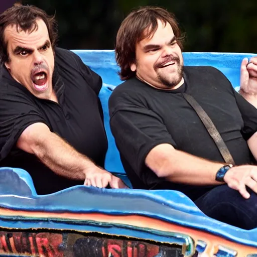 Image similar to ben stiller and jack black on rollercoaster, screaming!, hands in the air, highly detailed, high resolution, candid