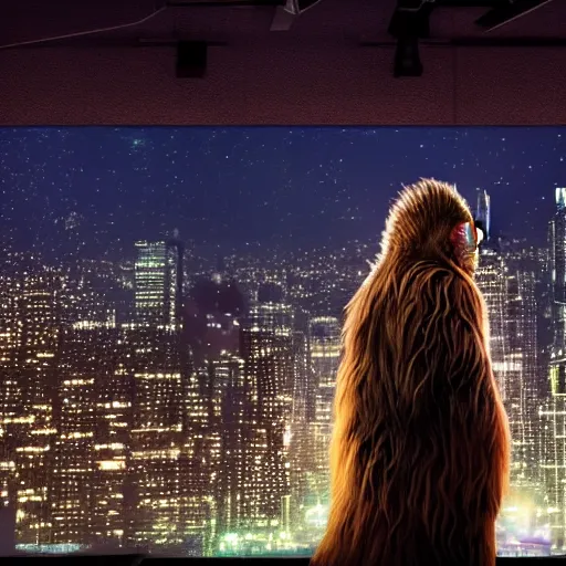 Prompt: a still of Chewbacca, studio lighting, 4K. Shallow depth of field. City at night in background, lights, colors.