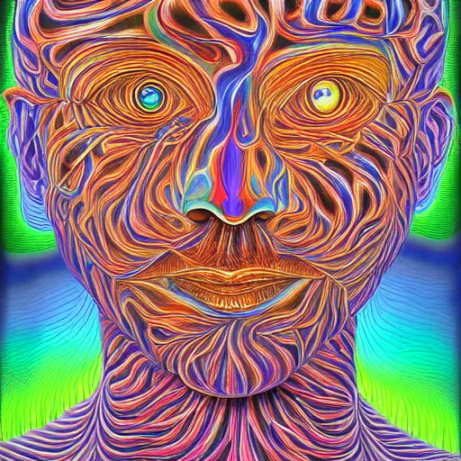 Image similar to Painting of human consciousness spilling from a vessel that is made of a holographic universal mind. By Alex Grey, Terence McKenna, and Adam Jones, Psychedelic . Part by Cameron Grey. masterpeice